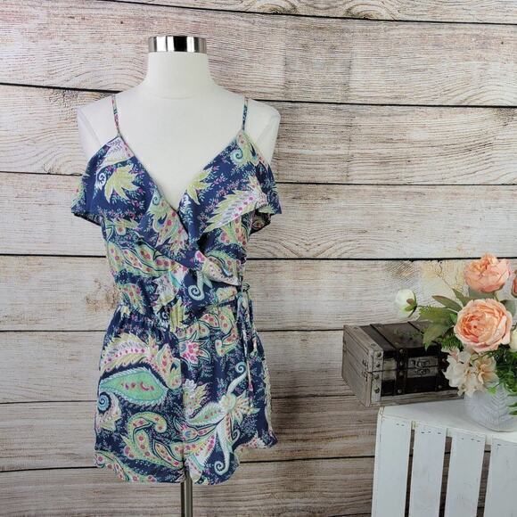American Eagle‎ Outfitters Paisley Blue Green Ruffle Romper Extra Small - Picture 1 of 9